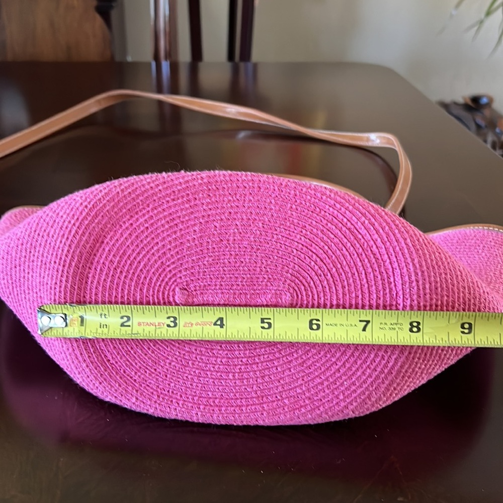 Pink Woven Straw Crossbody Bag Brown Trim Cotton Paper Tote - Picture 10 of 17